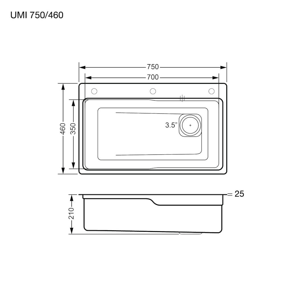 ซิงค์ล้างจาน 1 หลุม EVE UMI 750/460 ขนาด 75 ซม. สีเทาไทเทเนียม พร้อมอุปกรณ์เสริม